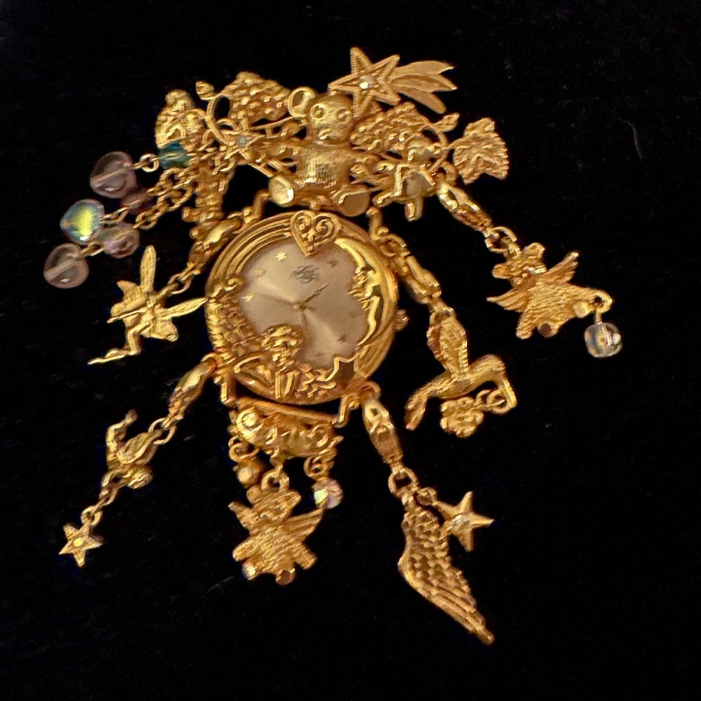 Rare! Vintage Kirks Folly Teddy Bear Angel Watch Brooch